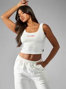 Missguided x Playboy Top de tirantes corto acanalado de algodón, ropa deportiva de verano estilo Y2K, ropa urbana, atlética, gimnasio, deporte, clásica, con logo básico, esencial, sin mangas, ajustado, para mujer
