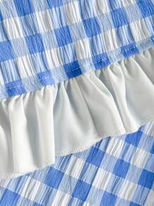 SHEIN Conjunto de top sin mangas con volantes y moño a cuadros + pantalones acampanados para bebé niña, estilo campestre - Azul y blanco - Ver 6