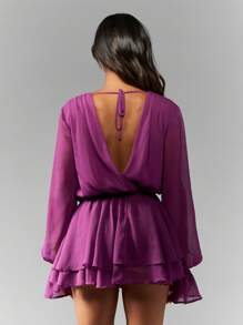 MISSGUIDED Vestido mini envolvente de chifón de manga larga con escote profundo, para fiesta, cóctel, con volantes, capas, lazo en el hombro, para ocasiones especiales