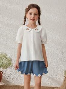 SHEIN 年轻女孩乡村风格刺绣领泡泡袖纽扣衬衫 - 白色 - 查看 1