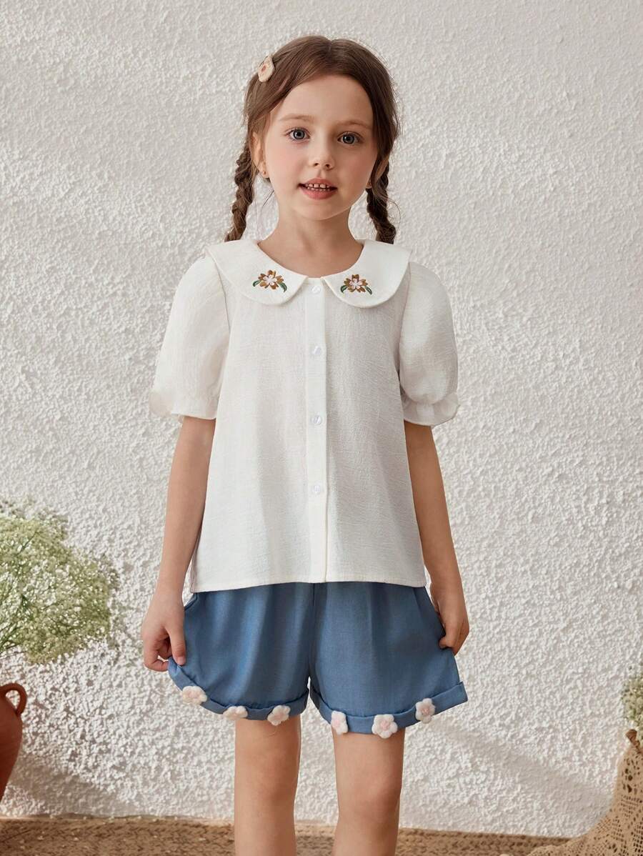 SHEIN 年轻女孩乡村风格刺绣领泡泡袖纽扣衬衫 - 白色 - 查看 1