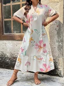 SHEIN LUNE Plus Size Boho Midi Dress For Women: Floral Print Woven Fabric With Tie Neck And Ruffle Hem Detail, Half Sleeve, Multicolor, Flounce Hem, Perfect For Summer - Multicolor - View 6