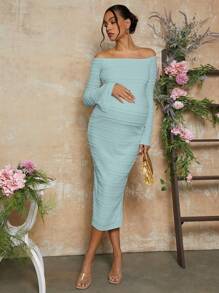 MaterniChic Off Shoulder Fitted Maternity Dress, Valentine's Day - Baby Blue - View 5