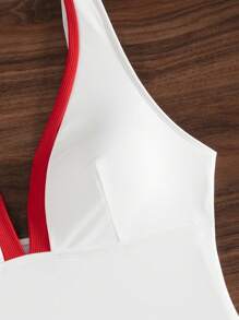 Swim SXY Beach Summer Outfits For Women, Black & White Patchwork Deep V-Neck Strap One-Piece Swimsuit