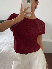 SXFaunlyn Elegante Camiseta Ajustada Con Patchwork De Encaje Y Manga Corta - Burdeos - Ver 6