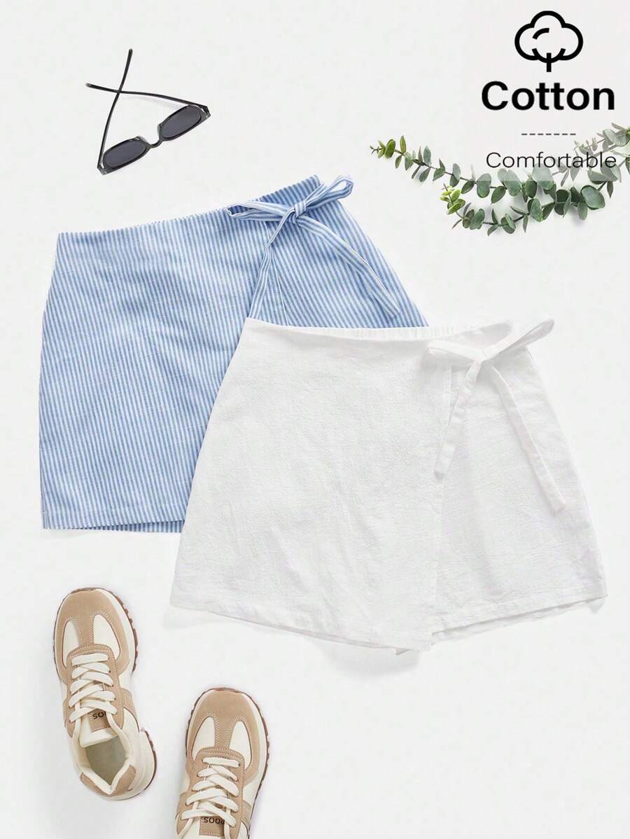 SHEIN Essnce Quần short buộc dây thường ngày cho nữ, mùa hè - Xanh và trắng - Xem 1