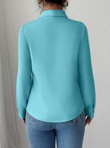 Selianne Camisa de manga larga de unicolor minimalista para oficina casual - Azul menta - Ver 2