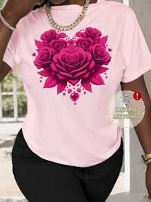 INAWLY Women's Fitted T-Shirt With Red Rose Print, Summer - Pink - View 1