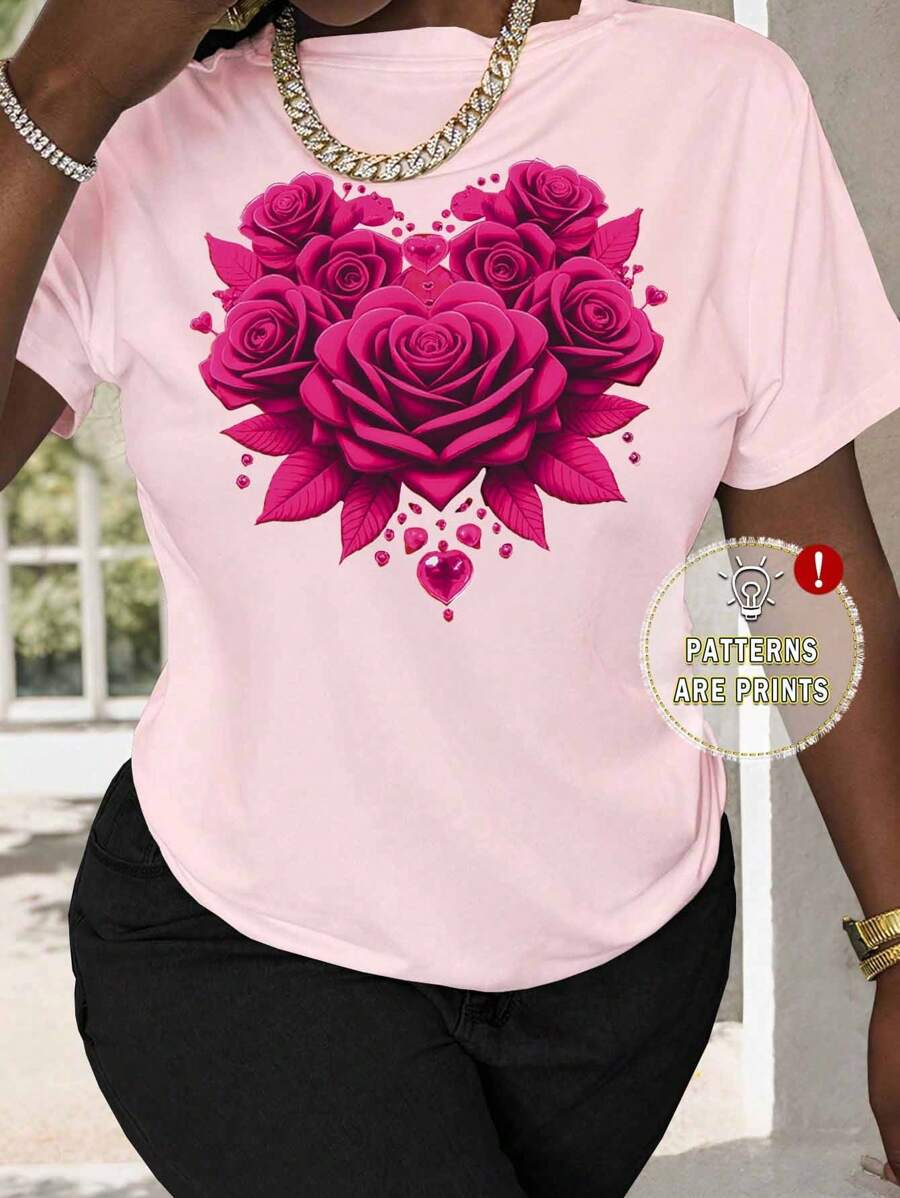INAWLY Women's Fitted T-Shirt With Red Rose Print, Summer - Pink - View 1