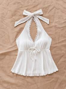 Soleia 女士节日白色波浪针织纹理 V 领系带蕾丝边露背上衣，适合派对、约会、下午茶、夏季、海滩