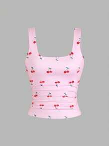 Sweetra Top de tirantes casual de mujer con estampado de cerezas, escote cuadrado y fruncido, para verano