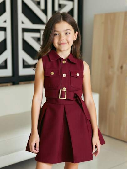 Elladie kids Young Girl' Denim Sleeveless Dress With Shirt Collar, Pocket Stylish Denim Princess Dress, Fit For Daily Outings Or Party, Spring