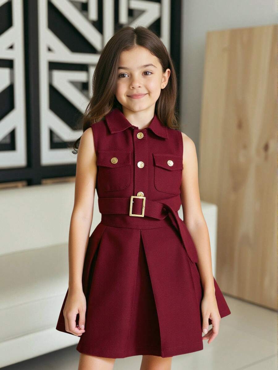 Elladie kids 年轻女孩牛仔无袖衬衫领连衣裙,口袋时尚牛仔公主裙,适合日常外出或派对,春季 - 酒紅色 - 查看 1