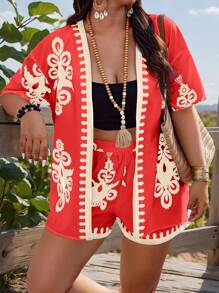 SHEIN Clasi Random Print Shirt & Shorts 2 Pieces Outfit, Plus Size - Red - View 4