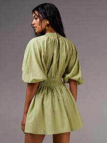 Athîral Đầm mini tay đèn lồng màu trơn thường ngày cho nữ, mùa hè - màu xanh lá - Xem 2