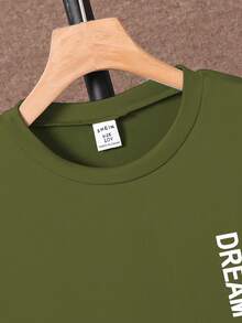 SHEIN 2 件套青少年男童休闲字母印花 T 恤和长裤套装，夏季 - 軍綠色 - 查看 4