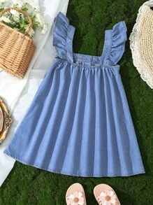 SHEIN Tween Girl Fashion Casual Y2k Vacation Blue Denim Loose Long Top Cute Flowers Lotus Leaves And Small Flying Sleeves For Tween Girl Clothes Boys Soft Dailywear And Tween Girl Summer And Spring Clothes