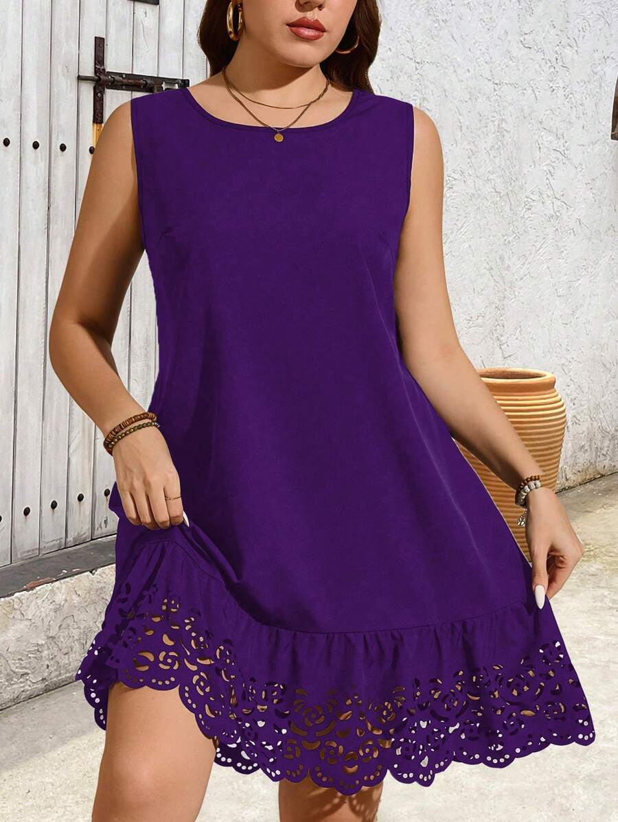 Breezaya Đầm nữ cỡ lớn không tay cổ tròn in họa tiết, đầm ren, đầm hè cho nữ, đầm màu rượu vang, trang phục đi nghỉ mát cho nữ, đầm khoét eo, trang phục mùa xuân cho nữ. - Màu tím - Xem 1