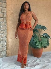 SHEIN SXY Einfarbiges 2 Stücke Set für Damen Große Größen, gehäkeltes Boho-Camisole und Rock mit Fransen aus transparentem Stoff im Patchwork-Stil, geeignet für den Alltag, Musikfestivals, Konzerte, Karnevalspartys, Strandurlaube, Verabredungen, Geburtstage, Junggesellinnenabschiede, Clubs, süß, lässig, Shopping, Streetwear, Ausgehen, einfach zu kombinieren und sieht schlank aus, betont Ihren Körper, schmeichelt der Figur - Orange - Übersicht 2