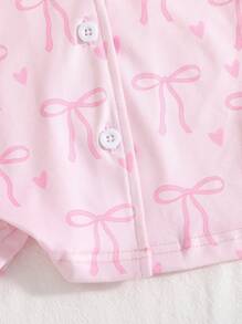 2pcs Baby Girls Summer Pink Cute Bow Print Knit Collar Cardigan & Shorts Pajama Set, Comfy Home Outfit Back To School Fashion - Pink - View 6