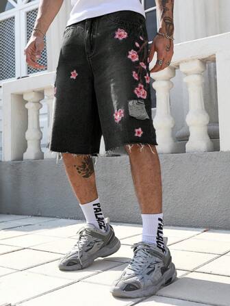 Street Life Men's Floral Embroidery Loose Fit Denim Shorts Jorts