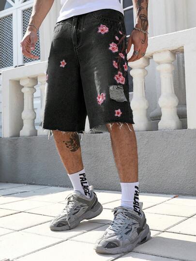 Street Life Short en jean ample avec broderie florale pour hommes
