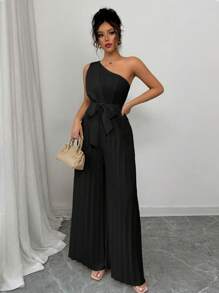Elenzga Elegant Apricot Ruched Waist & Hem Jumpsuits For Women, Christmas - Black - View 3