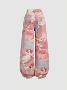 SHEIN MOD MOD 女士休闲宽松粉色浪漫油画天使印花阔腿牛仔裤 - 彩色 - 查看 4