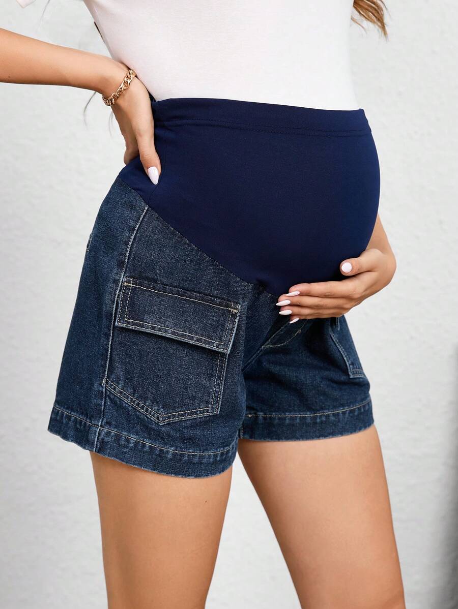 SHEIN Maternity Solid Color Denim Shorts, Fashionable For Summer - Dark Wash - View 1