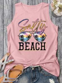 SHEIN EZwear 大码字母与图案印花圆领休闲背心，夏季 - 粉色 - 查看 1