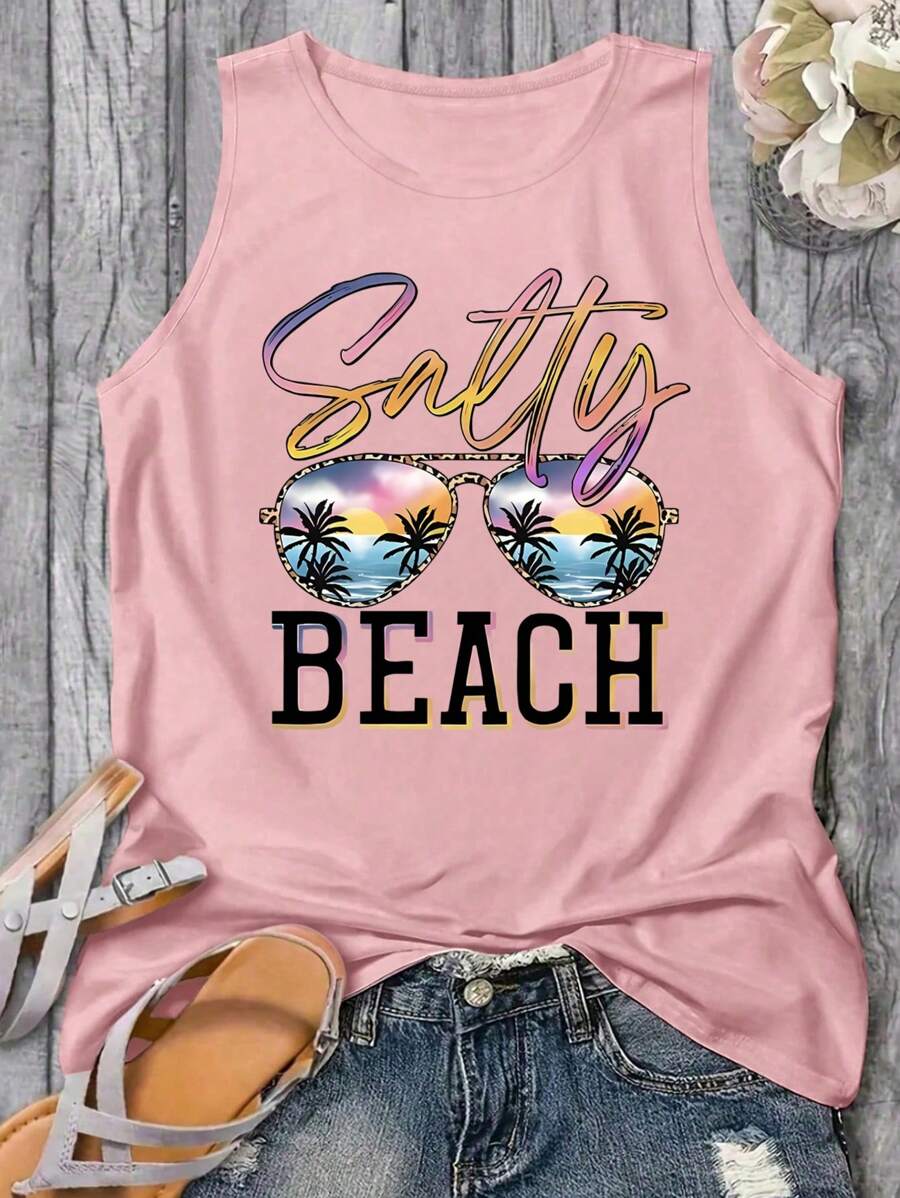 SHEIN EZwear 大码字母与图案印花圆领休闲背心，夏季 - 粉色 - 查看 1