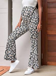 SHEIN Quần ống loe họa tiết hoa giản dị cho bà bầu đi nghỉ - Đen và trắng - Xem 6