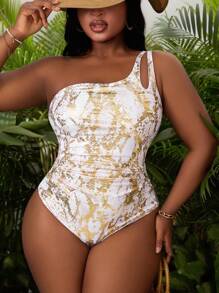 Slaydiva Plus Size Women One-Piece Swimsuit Featuring Hollow Shoulder And Cinched Waist Design, Suitable For Beach Holidays For Summer Beach Vacation - White - View 1