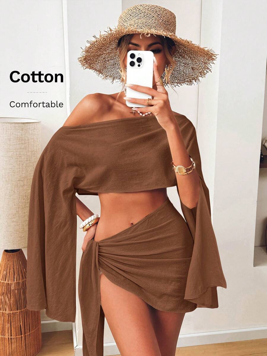 SHEIN VCAY Conjunto de 2 piezas para mujer: Top corto descubierto de hombros + Falda mini line A de una sola pieza, estilo casual - Marrón - Ver 1