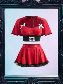 Fantasy Costume 3PCS Little Red Riding Hood Cosplay Costume For Women, Cloak, Mini Skirt, Red & Black, For Party, Music Festival Bridallingerie