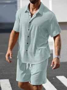 Manfinity Homme 男士加大码简约纯色纹理短袖衬衫和裤子套装 - 淺藍色 - 查看 6