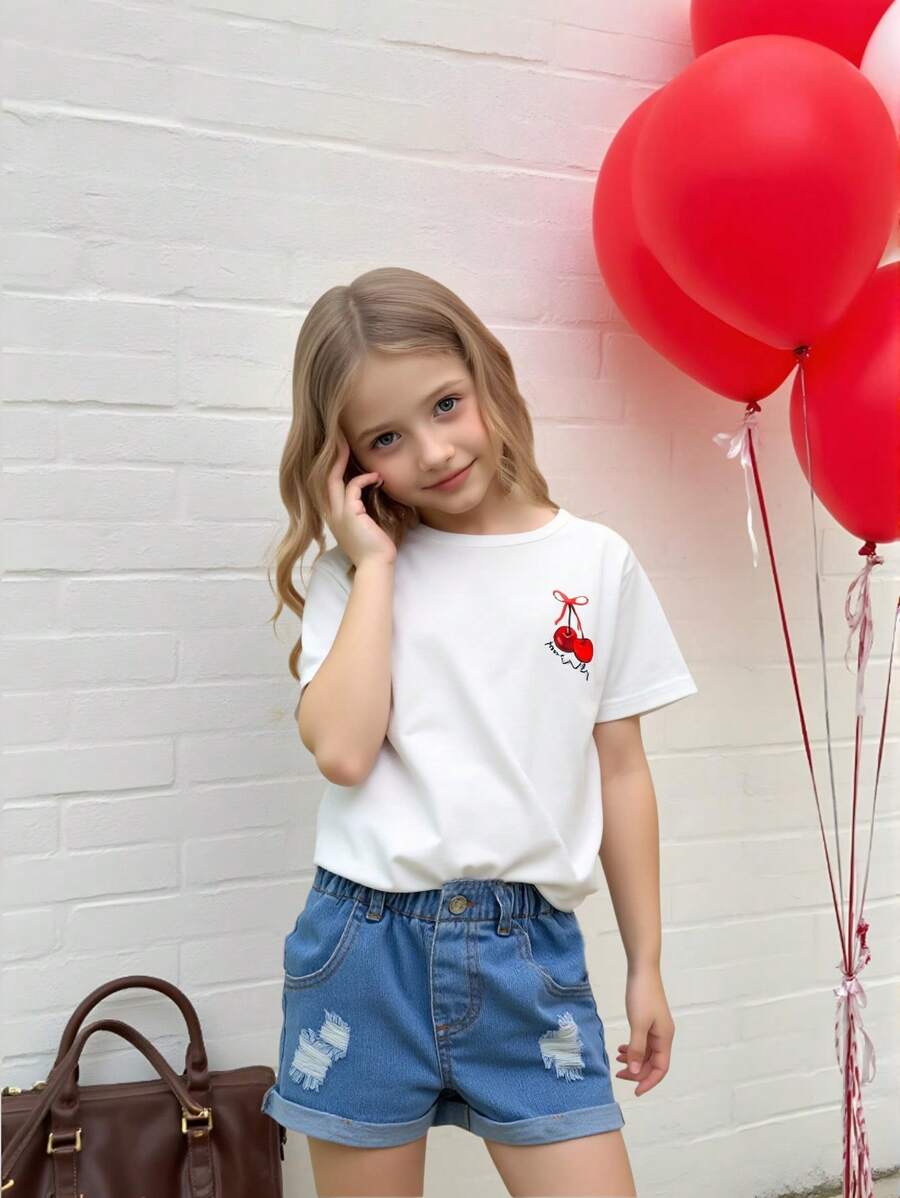 2 Pieces Set:Girls Casual Cherry Print White T-Shirt & Light Blue Washed Ruffle Waist Distressed Denim Shorts,Summer Birthday Holiday Everyday Wear - White - View 1