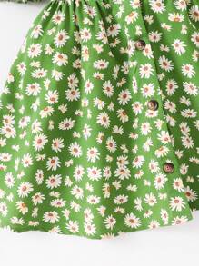 SHEIN Young Girl Ditsy Floral Square Collar Fitted Puff Sleeve Casual Dress