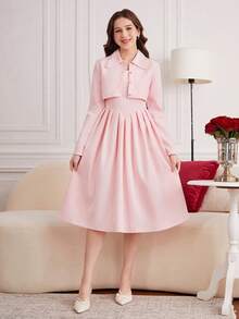 2 件套少女/年轻女士套装：优雅复古梭织修身褶皱中长连衣裙，配有吊带和短袖翻领夹克，秋冬 - 粉色 - 查看 5