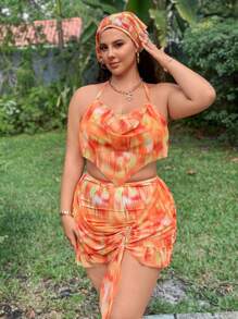 SHEIN Swim Curve Plus Size 3 Pcs Ruffled Tie-Dye Swimsuit Set