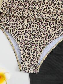 SHEIN Costum de baie 1 piesă cu imprimeu leopard pentru fete Tween și fusta acoperită, vacanță de vară la plajă