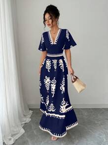 Elenzga Vestido largo con mangas cortas, cintura fruncida y cinturón con estampado floral para mujeres