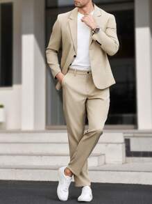 Manfinity Mode Plus Size Men Business Suit Set - Long Sleeve Blazer And Pocket Formal Trousers