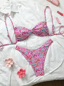 SHEIN Women's 2pcs/Set Sexy Random Print Backless Tie Bikini Set, Summer - Multicolor - View 1