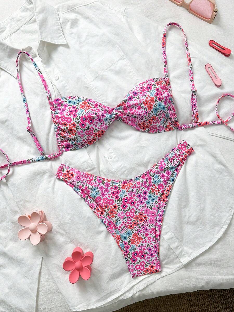 SHEIN Women's 2pcs/Set Sexy Random Print Backless Tie Bikini Set, Summer - Multicolor - View 1