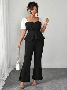 Elenzga Camisa negra y blanca con diseño de empalme para mujer talla grande, elegante para el trabajo, diseño 2 en 1, cintura estilizante, top disimulador - Blanco y Negro - Ver 6
