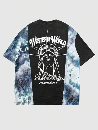 t-shirt homme graphique Statue de la Liberté noire avec patchwork et teinture nouée