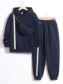 SHEIN 青少年男孩休閒寬鬆連帽衫,帶有對比色側條紋和編織裝飾,另有慢跑褲和肩包套裝 - 黑色 - 查看 7