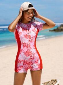 Swim SPRTY Summer Short Sleeve Rashguard In Red With Tropical Plant & Leaf Print, Women's Summer Swimsuit - Multicolor - View 5