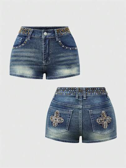 Hippie Low Rise Studded Denim Shorts